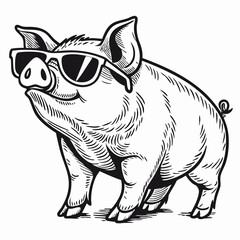 Cool Pig in Sunglasses: Black and White Illustration