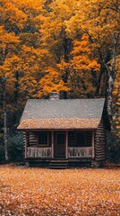 A rustic cabin surrounded by fall foliage.