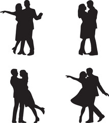 Elegant silhouettes of dancing couples showcasing romantic dances for wedding invitations and event designs on a white background.