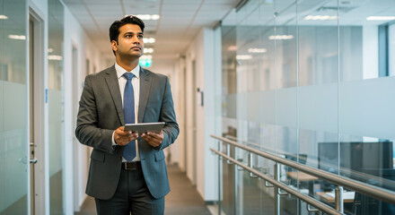 Busy Indian business man project manager looking away holding digital tablet walking in office. Professional businessman entrepreneur going in hallway holding tab working using tab computer