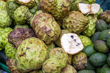View of cherimoya fruits (Annona cherimola) for sale in Madeira