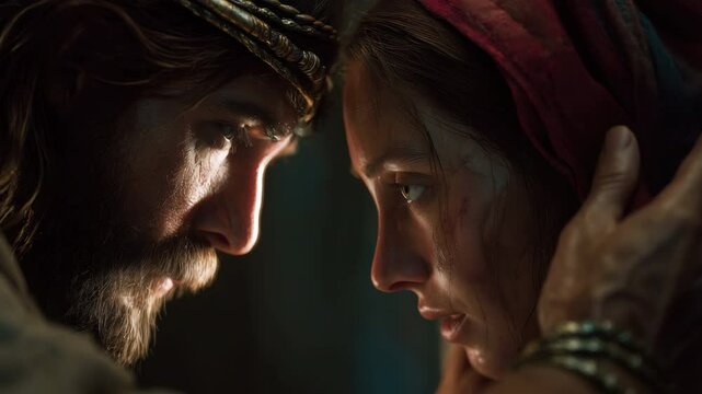 Photorealistic portrayal of Jesus healing a Canaanite woman, capturing an intimate moment of compassion and faith. Inspired by biblical narratives, emphasizing empathy and divine connection.