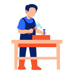 Craftsman hammering a screw into wood showing focus and skill in a woodworking scene with dedication and craftsmanship