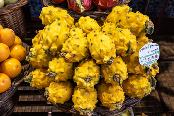 View of yellow Pitaya or pitahaya (dragon fruit) for sale in Madeira