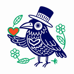 Cute Cartoon Crow in Top Hat Holding Heart