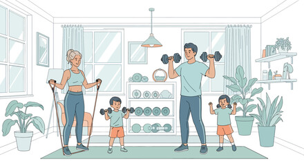 Adobe illustrator artwork vector illustration of a family exercising together in their home gym, using dumbbells and resistance bands. Promotes healthy lifestyle and family fitness.
