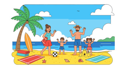 Adobe illustrator artwork vector illustration of a family enjoying summer on the beach, building sandcastles and flying a kite. Perfect for summer vacations, family holidays, and seaside fun themes.