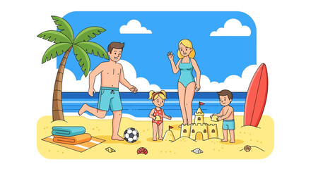 Adobe illustrator artwork vector illustration of a family enjoying summer on the beach, building sandcastles and flying a kite. Perfect for summer vacations, family holidays, and seaside fun themes.