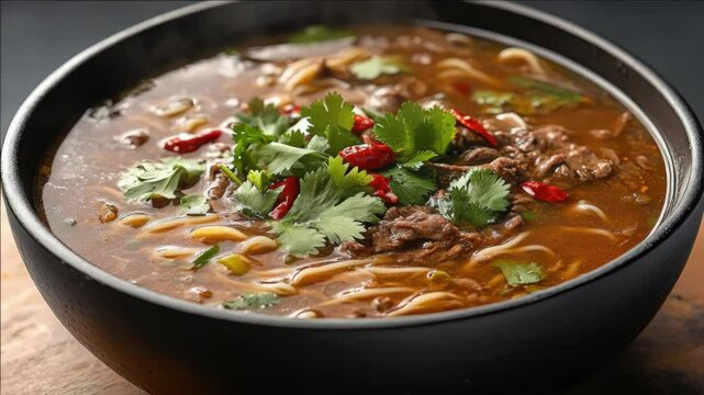 Closeup of a hearty beef chili with tomato sauce, spices and red pepper flakes, served in a black pot on a wooden surface. A classic Mexican dish that is warm and comforting.