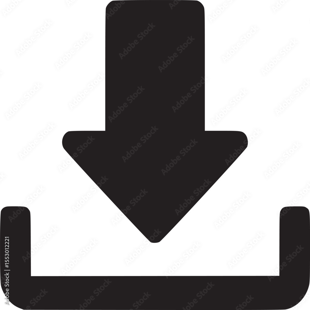 Poster a simple black download icon with an arrow pointing down into a tray on a white background plain