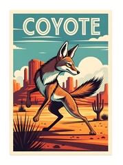 vintage retro poster of a coyote, animal, sly, animal, wild, desert, predator, illustration, artwork, wildlife, sly, canine, wilderness, desert animal, retro style, vintage design, wild animal, 
