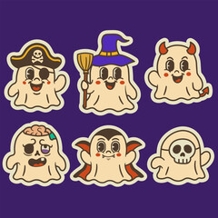 Set of 6 cute ghost characters in Halloween costumes. Perfect for clipart, sticker pack, party decor, or kids crafts. Retro pastel style, editable vector.