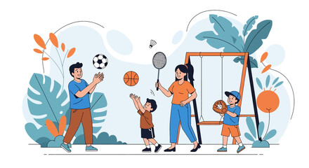 Adobe illustrator artwork vector illustration of a family enjoying various sports in a park, including soccer, basketball, badminton, and baseball. Depicts active family fun and outdoor activities.