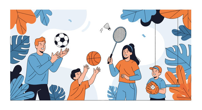 Adobe illustrator artwork vector illustration of a family enjoying various sports in a park, including soccer, basketball, badminton, and baseball. Depicts active family fun and outdoor activities. - Powered by Adobe