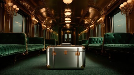 A luxurious vintage train car featuring an elegant silver suitcase placed on lush green seating, evoking nostalgia and a sense of journey through time.