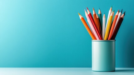 This vibrant image features an array of colorful pencils arranged in a round container, highlighting creativity and artistic expression against a playful blue background.