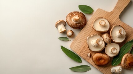 An assortment of fresh mushrooms elegantly arranged on a wooden cutting board, highlighting their natural beauty and inviting culinary creativity for food lovers and chefs.