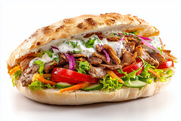 Leckerer Döner Kebab im Fladenbrot mit frischem Gemüse, knusprigem Fleisch und cremiger Sauce – traditionelles türkisches Fastfood in Nahaufnahme auf weißem Hintergrund
