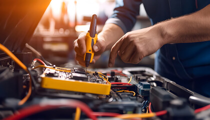 Car Fuse Box Electrical Testing with Multimeter.Technician Checking Automotive Fuses