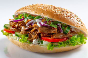 Leckerer Döner Kebab im Fladenbrot mit frischem Gemüse, knusprigem Fleisch und cremiger Sauce – traditionelles türkisches Fastfood in Nahaufnahme auf weißem Hintergrund
