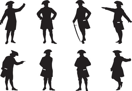 Silhouettes of colonial era gentlemen in various poses representing historical figures and dramatic actions against a plain white backdrop