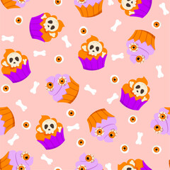 Halloween cupcakes seamless pattern. Vector Halloween repeat print with cute little cake, skulls, bones and zombie eyes on pink background. Funny texture for fabric, decoration, wrapping, backdrop.