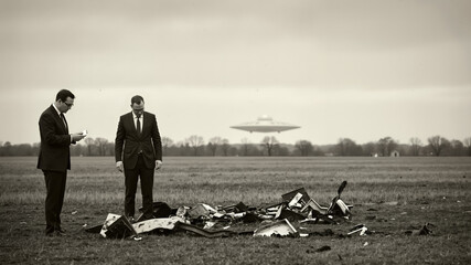 Two men in suits investigating a UFO crash site in a field. Alien flying saucer hovers in the background. Science fiction mystery concept with copy space. World UFO day
