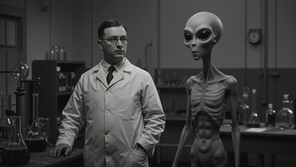 Scientist standing with a grey alien in a retro laboratory. Vintage black and white photo of a secret experiment or first contact. Sci-fi and conspiracy concept. World UFO day