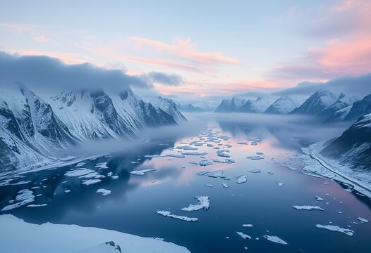 Serene Glacial Vista: An aerial perspective of a breathtaking glacial landscape, featuring a tranquil lake dotted with icebergs and framed by snow-covered mountains under a pastel sky.