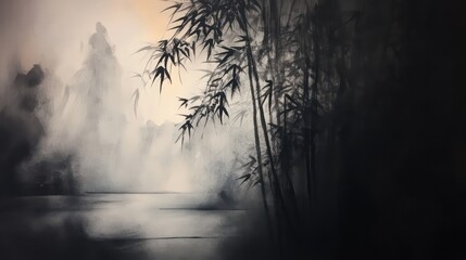 Serene Bamboo Forest Painting with Misty Mountains and Soft Lighting