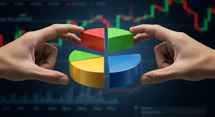 Investment portfolio management,vibrant pie chart overlaid on a financial dashboard, representing strategic data,Diversified strategy using stocks, bonds and commodities. 