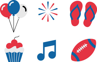 Obraz premium Cupcake and flip-flop icon set. Red white blue tones, football, music icons, celebration cupcakes and balloons for 4th holiday use 