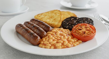Indulge in a hearty full English breakfast, complete with sizzling sausages, baked beans, and crispy toast.