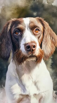 A brown and white dog is looking at the camera. The dog has a black nose and brown eyes