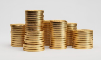 Stack of golden coins on white background with earning profit concept. Gold coins or currency of business. 3D 