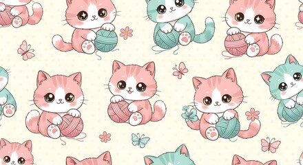 Adorable Kittens Playing with Yarn Seamless Pattern