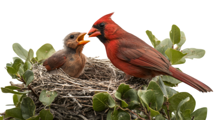 Cardinal passing food to its chicks in a leafy nest, open mouths visible, isolated on white