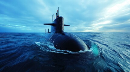 A dramatic image of a submarine cutting through ocean waves under a moody sky, representing adventure, exploration, and the mysteries of underwater navigation.
