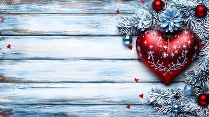 Red Heart Christmas Ornament on Rustic Wooden Background