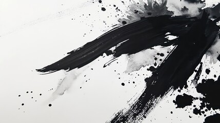 Bold black ink strokes and splatters create an abstract monochrome composition on white paper.