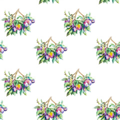 Watercolor pattern with a plum branch with leaves, watercolor illustration, hand drawing