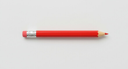 Classic red pencil with silver eraser holder, lying flat on white.