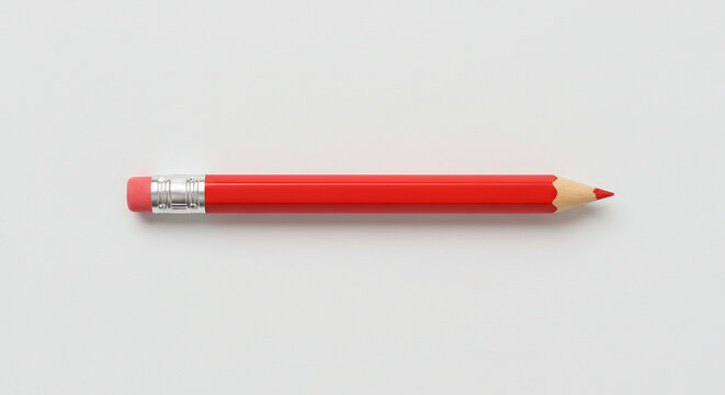 Classic red pencil with silver eraser holder, lying flat on white.