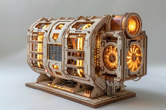 Cyberpunk-style wooden crypto mining rig with intricate details and glowing amber lights, representing futuristic blockchain technology, digital finance, and decentralized economy.