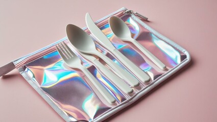 White Reusable Cutlery Set in Iridescent Pouch on Pink Background