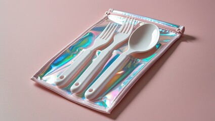 White Reusable Cutlery Set in Iridescent Pouch on Pink Background