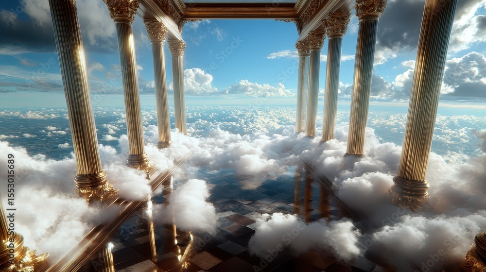 Poster a visually stunning cloudscape featuring ornate golden columns, creating an ethereal atmosphere that