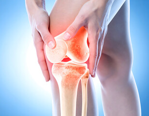 A medical-style 3D illustration of a human knee joint with a red-highlighted pain area in the patella region.