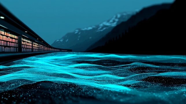 Breathtaking Digital Landscape with a Vast Data Lake and Majestic Mountains Surrounding Bookshelves