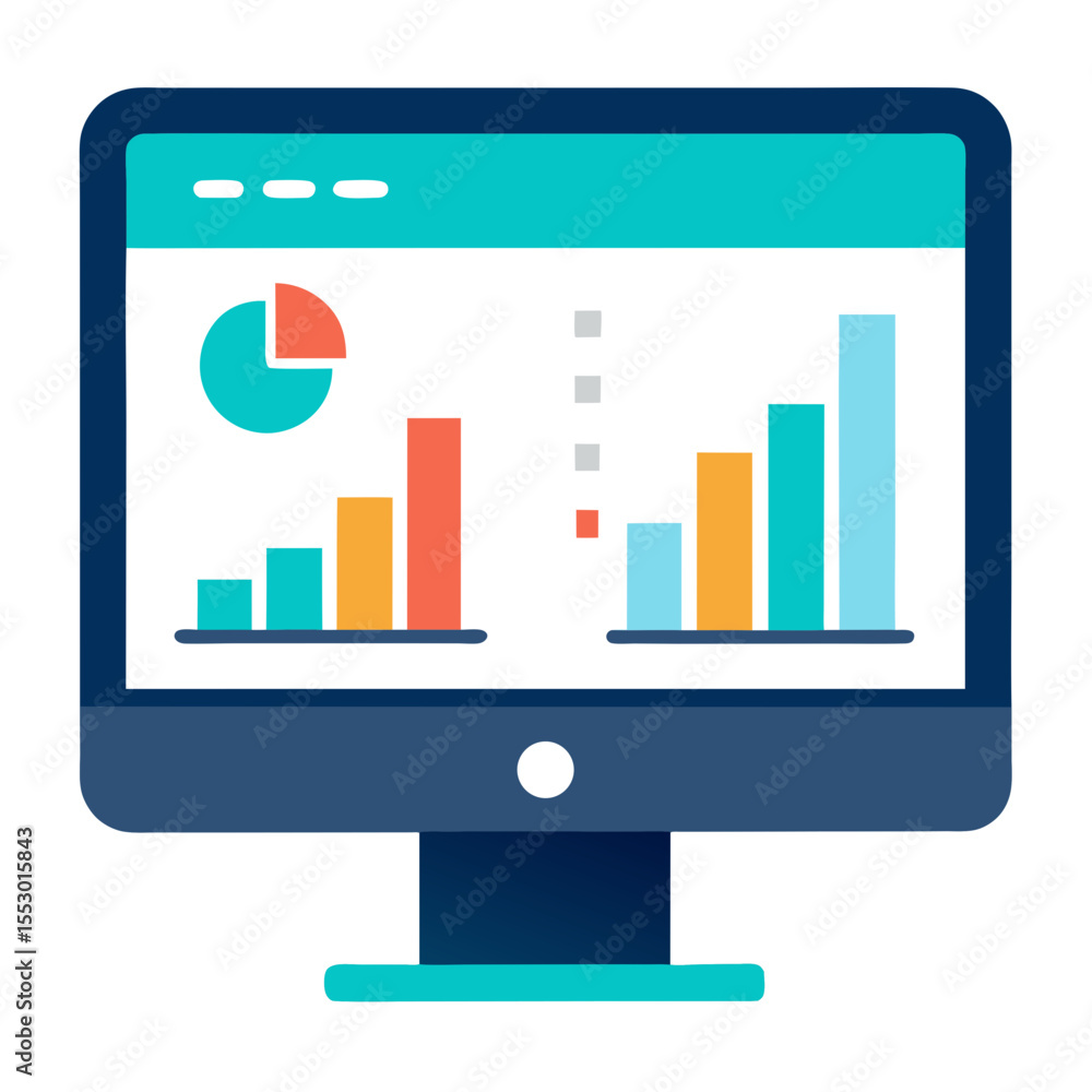 Poster computer screen displaying colorful financial charts and graphs for analysis